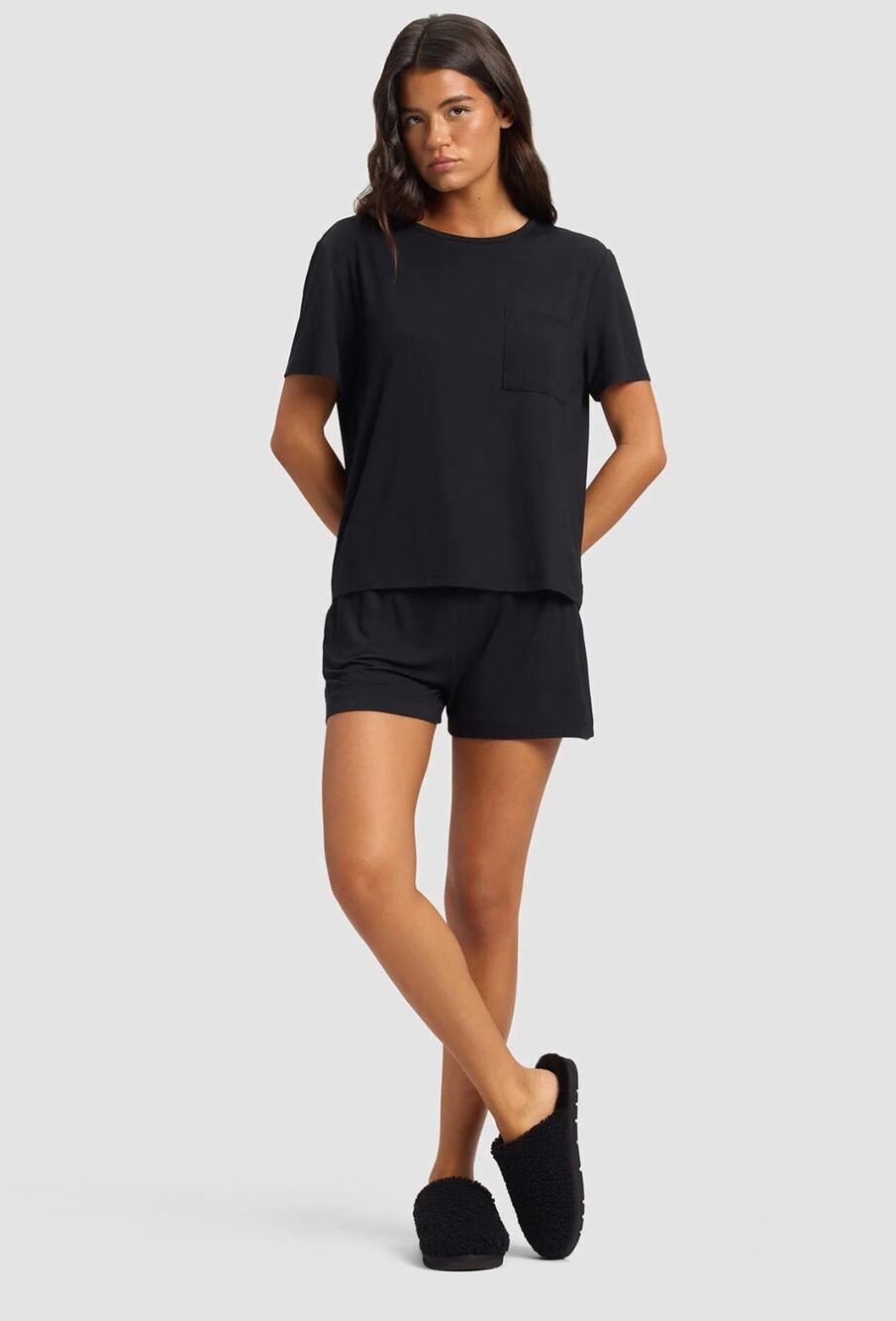 Cozy Earth Womens M Black Bamboo Stretch Knit Lounge Tee Shorts Set Sleepwear